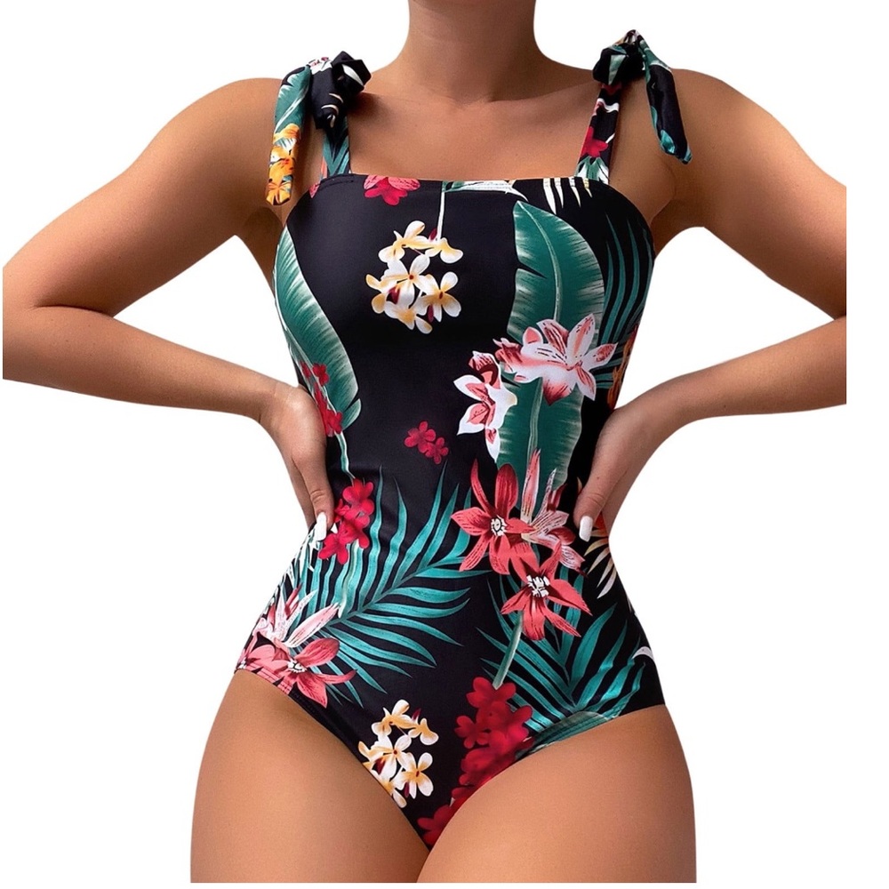 New Tropical Print 1 piece Swimsuit  Tie Shoulder